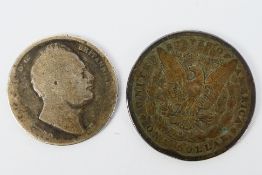 Two silver coins comprising a US 1879 Morgan Dollar and a William IIII Half Crown.