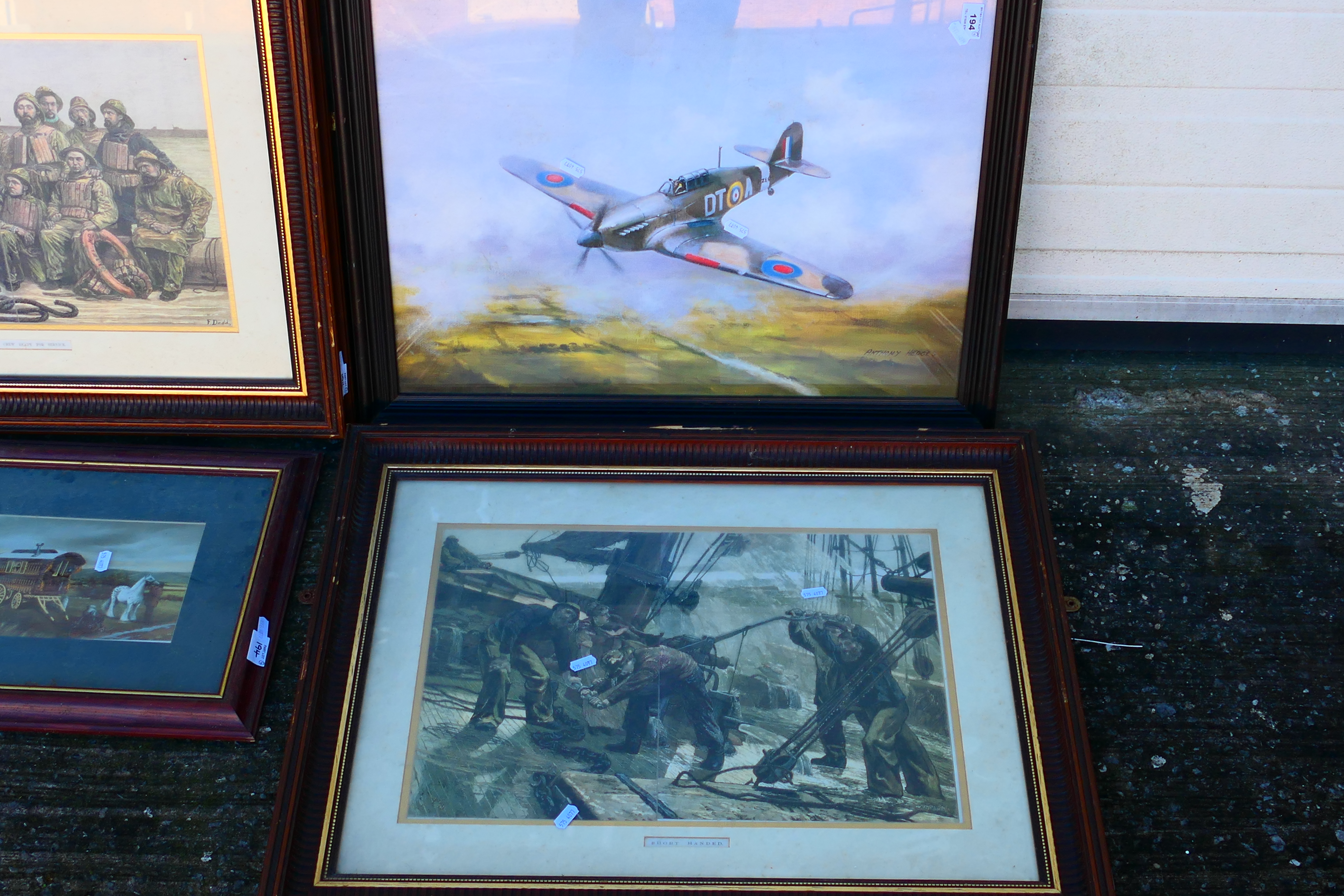 Four framed prints, largest approximately 45 cm x 60 cm image size. [4]. - Image 2 of 5