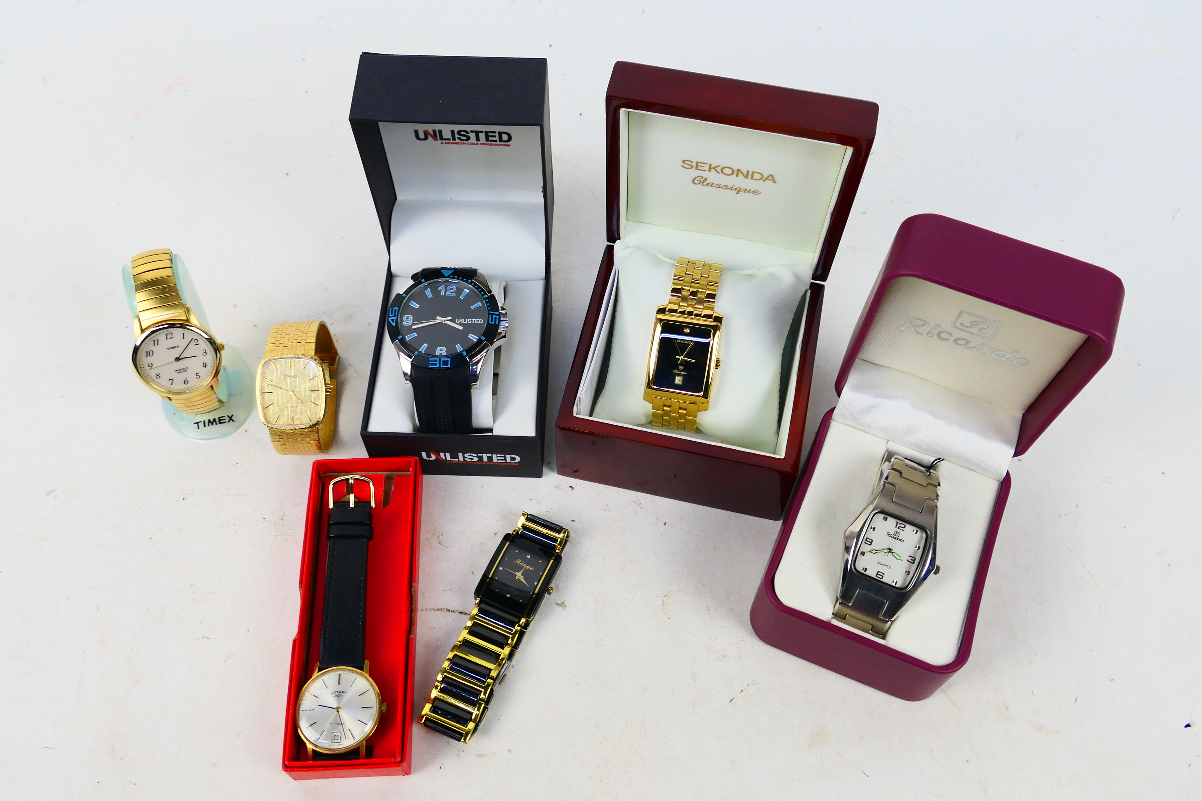 A collection of gentleman's wrist watches to include Timex, Rotary, Sekonda and other, part boxed.