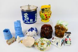 A mixed group of ceramics to include Brownhills Pottery Co Jasperware biscuit barrel,