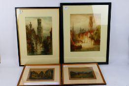 A collection of coloured etching to include two views of Bruges by James Alphege Brewer,