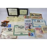 Lot to include British and foreign banknotes, share certificates, framed replica £1,000,