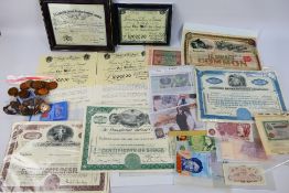 Lot to include British and foreign banknotes, share certificates, framed replica £1,000,