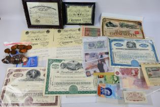 Lot to include British and foreign banknotes, share certificates, framed replica £1,000,