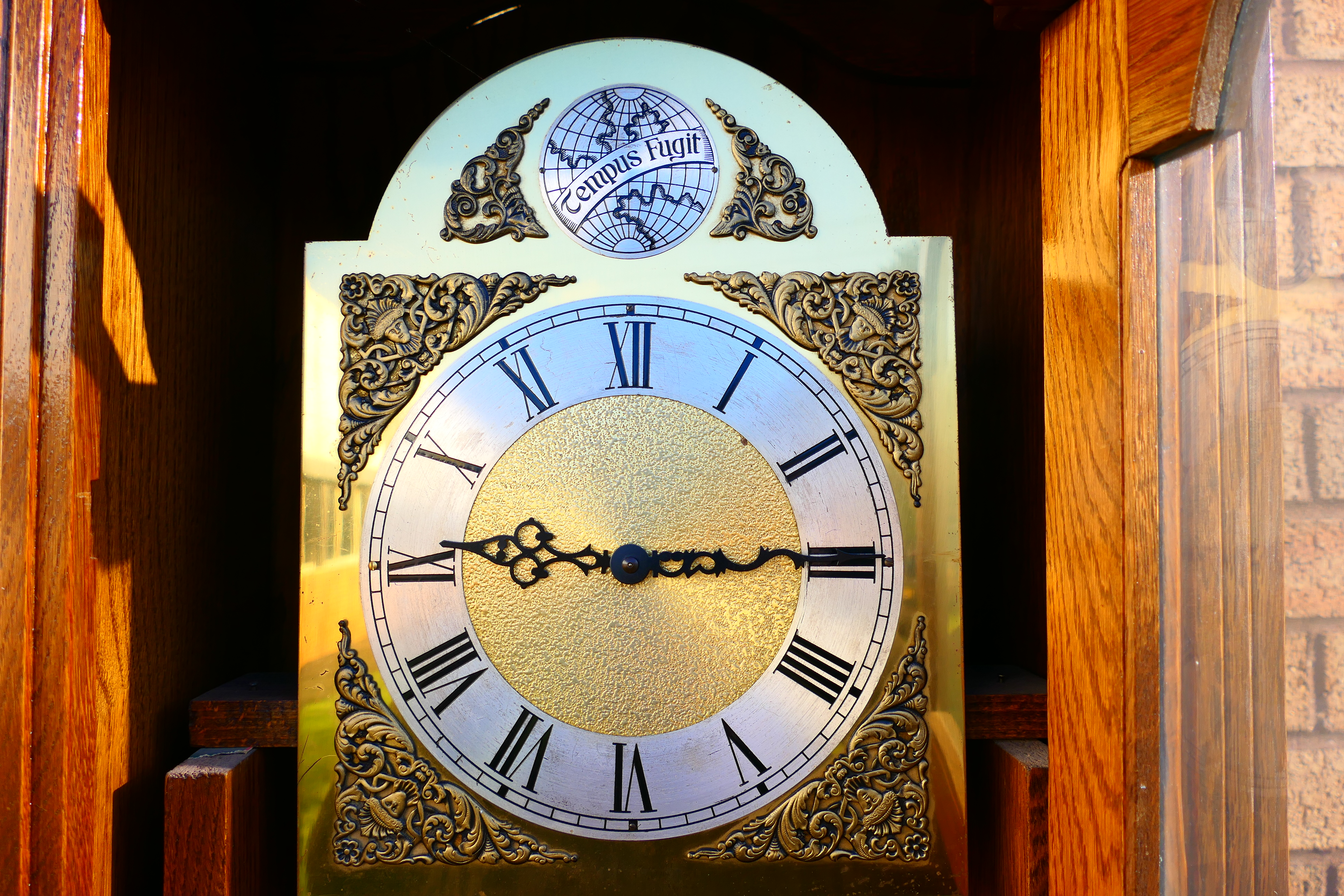 A modern oak cased longcase clock, 10" brass dial marked Tempus Fugit, - Image 4 of 6