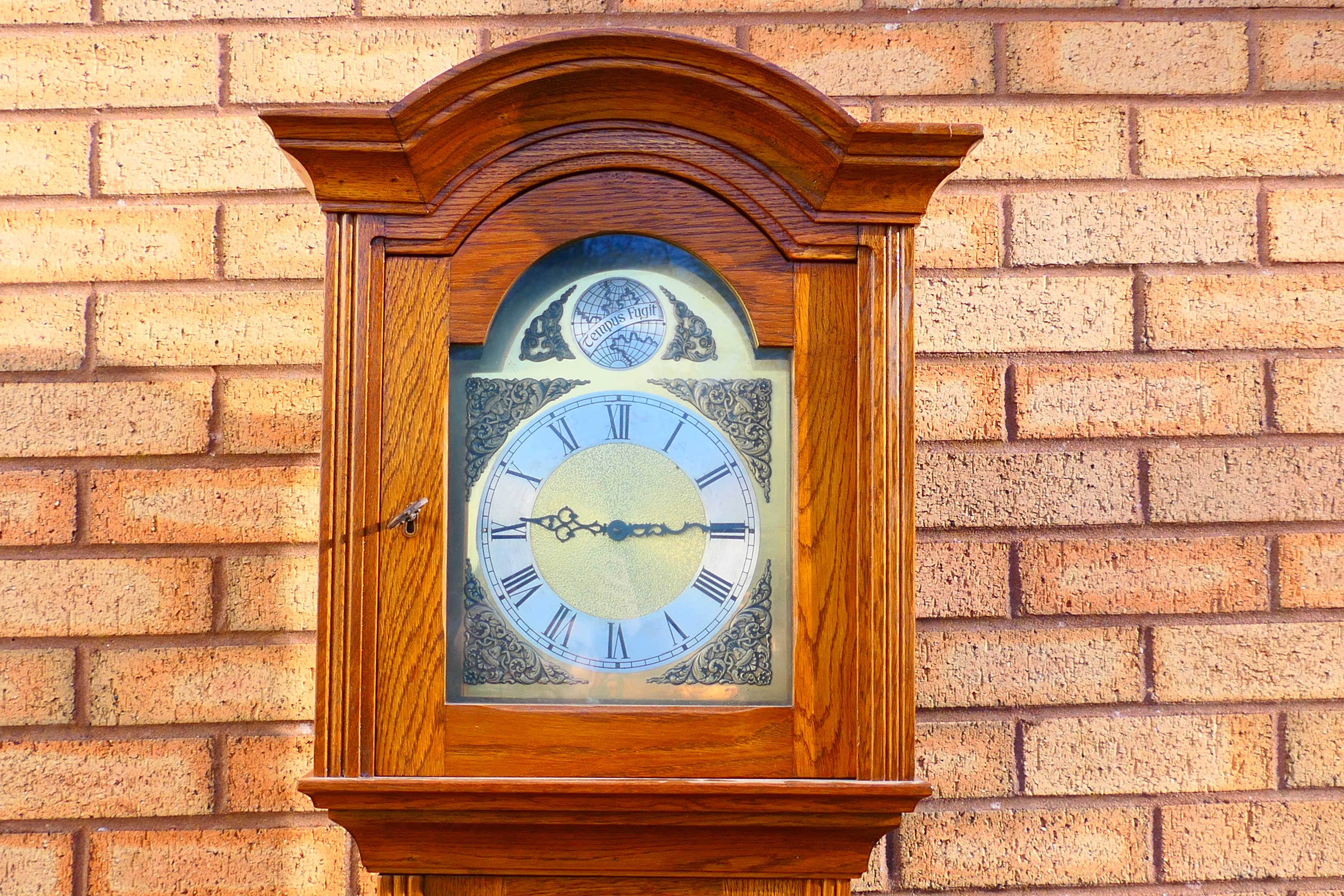 A modern oak cased longcase clock, 10" brass dial marked Tempus Fugit, - Image 2 of 6