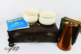 Lot to include ceramics, copper jug, Bycycle Magazine, Guinness advertising mini electronic violin,