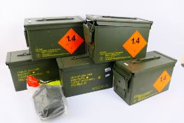 Five metal NATO ammunition boxes marked 1000 CRTG, 4 at 4.56 x 45 NATO BALL, 1 at 7.