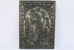 An Asian tinned copper plaque depicting three ladies engaged in music, dancing and drinking,