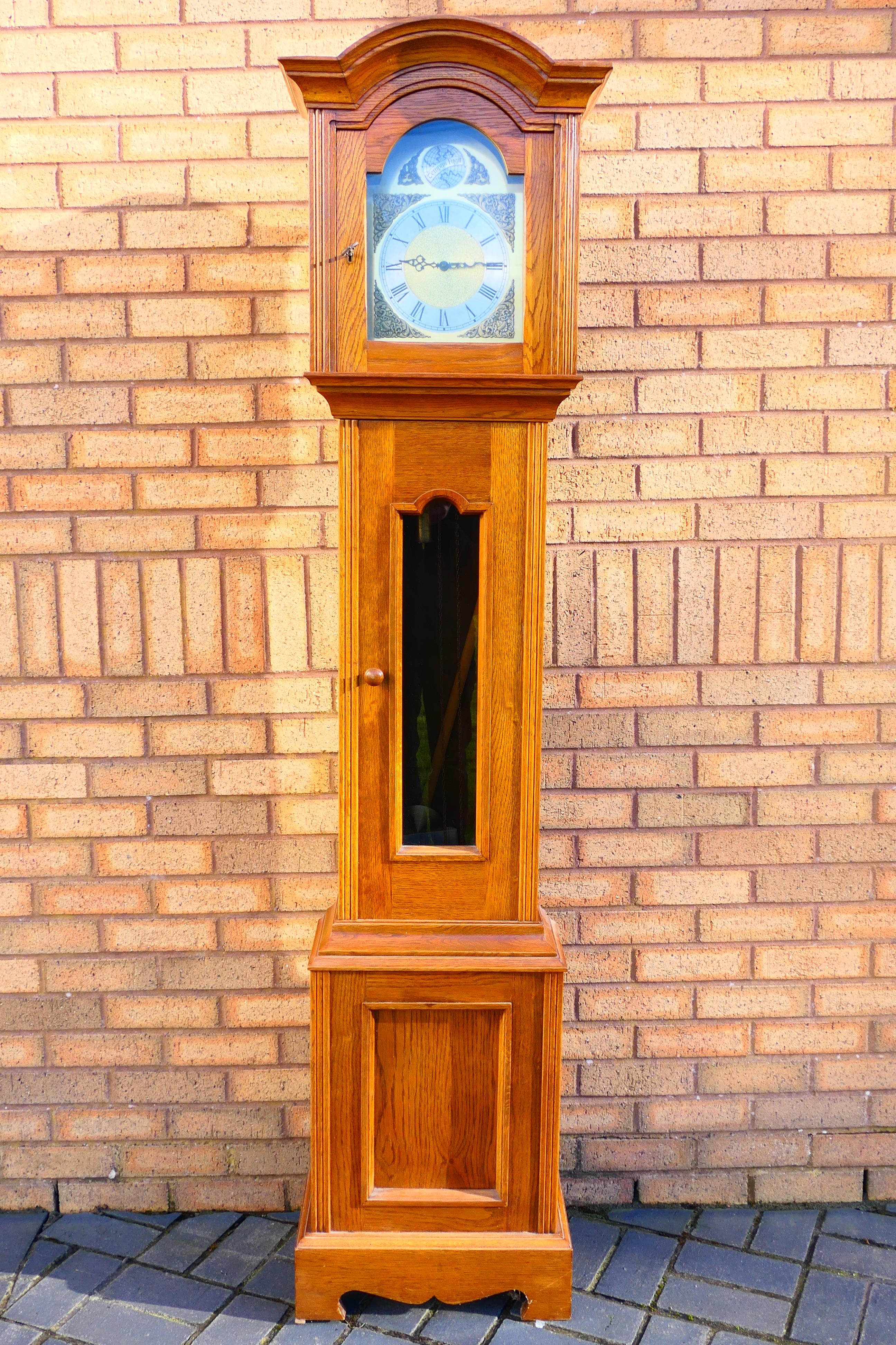 A modern oak cased longcase clock, 10" brass dial marked Tempus Fugit, - Image 3 of 6
