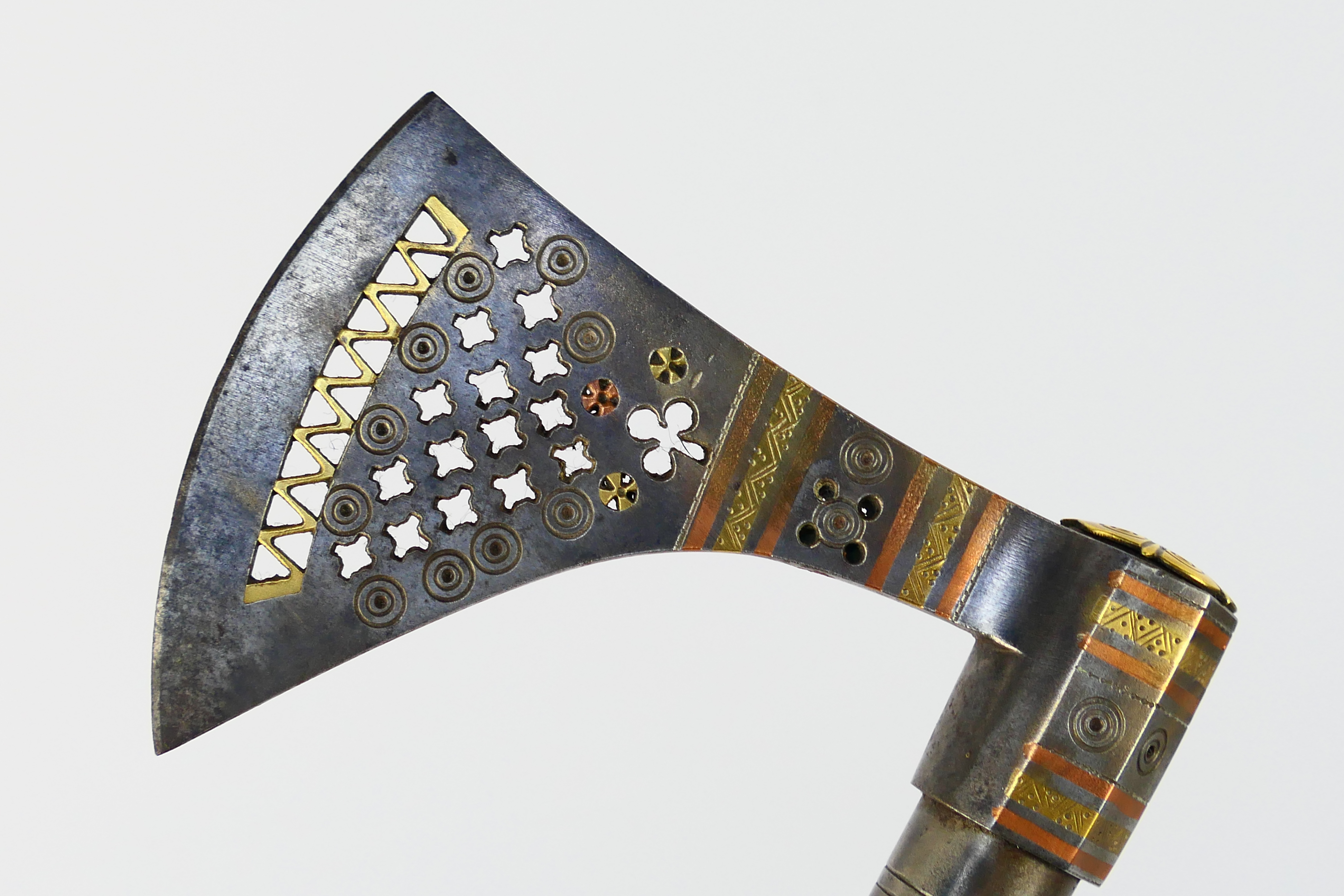 A North Indian axe (Tabarzin) with pierced wedge shaped head on brass mounted wooden haft, - Image 7 of 9