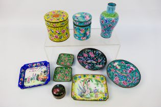 A group of small Canton enamel wares to include two lidded pots, vase, dishes and similar,