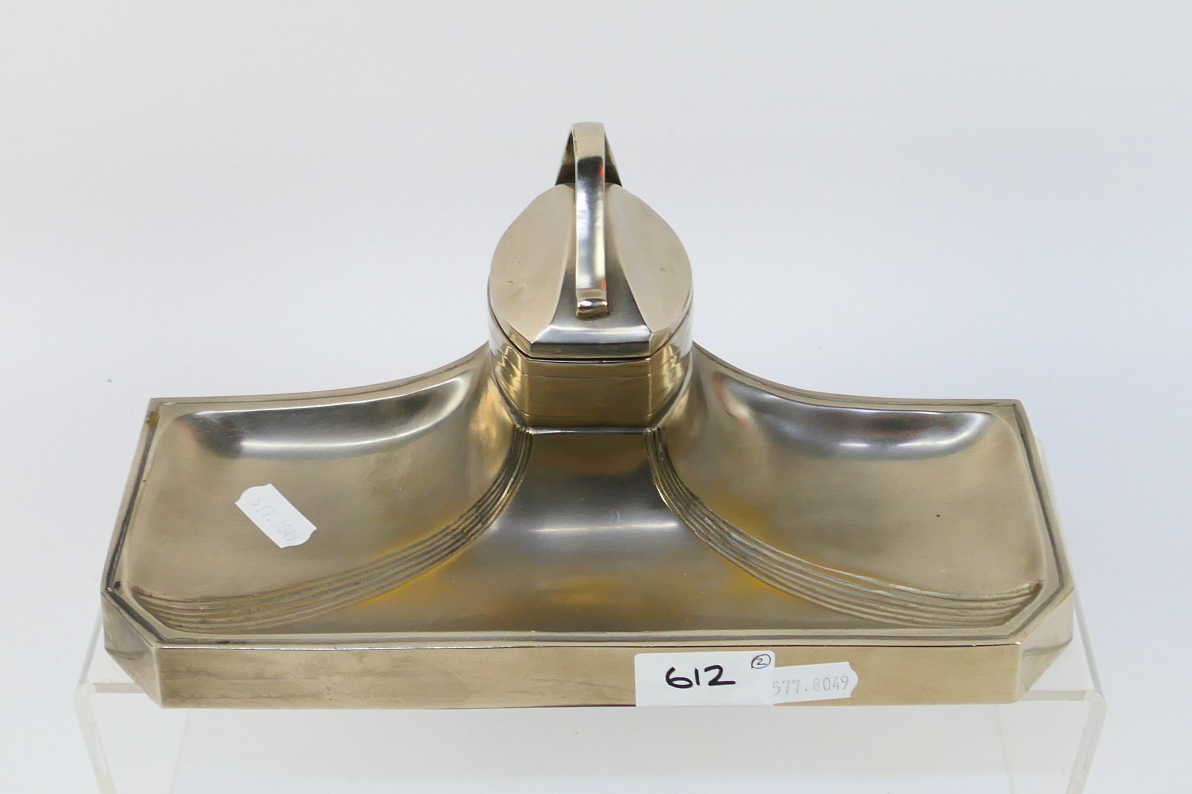 A white metal Art Deco desk stand with central covered inkwell and an Art Nouveau style rocker - Image 2 of 8