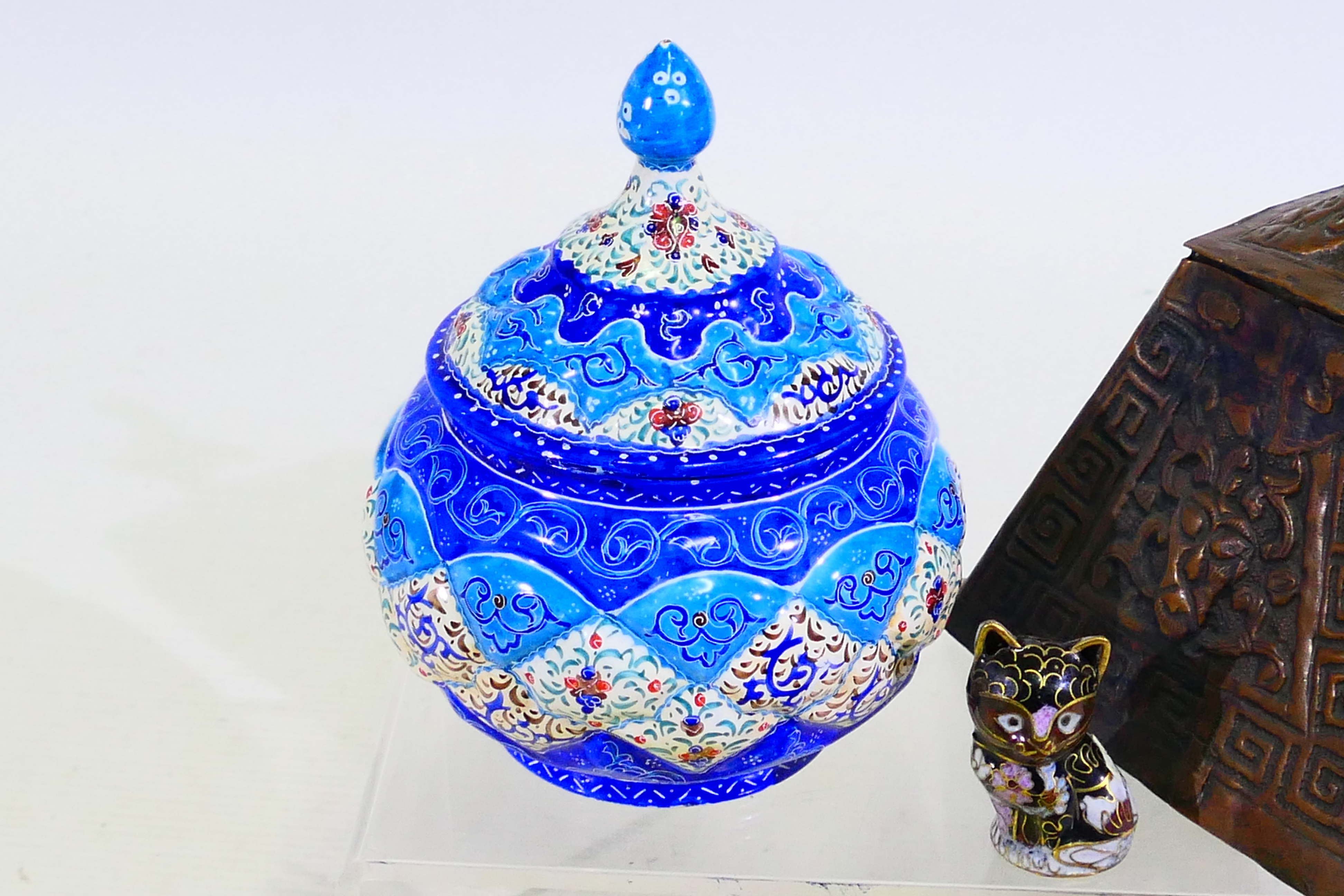 Small group of collectables to include a Persian minakari pot and cover, 14 cm (h), - Image 2 of 16