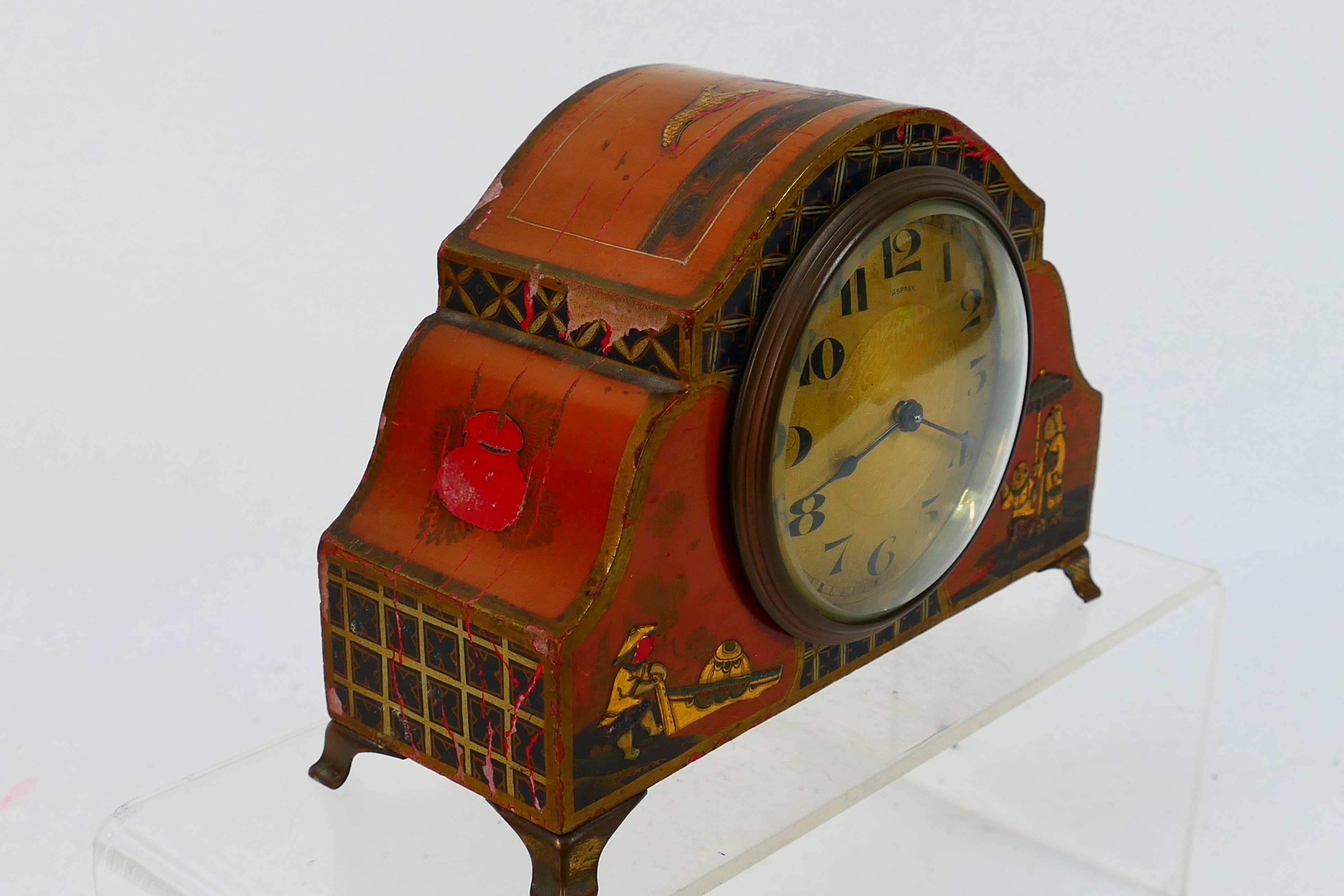 An early 20th century Asprey of London chinoiserie mantel clock, Arabic numerals to a white dial, - Image 4 of 6