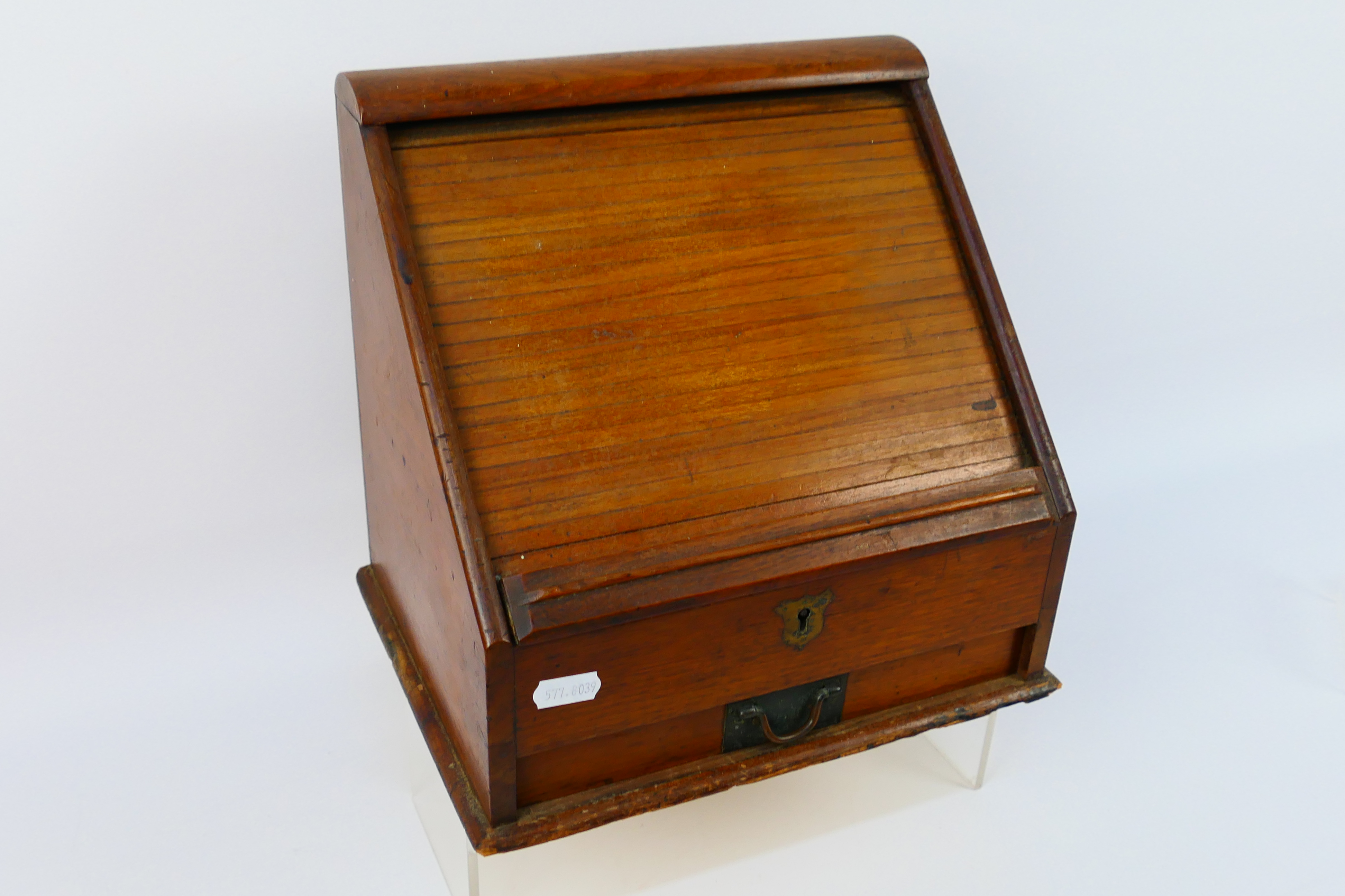 A vintage slope front desk organiser, tambour opening enclosing a fitted interior, - Image 2 of 3