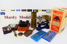Lot to include a boxed Tilley Stormlight, cased Zenith binoculars, scales, barometer and other.