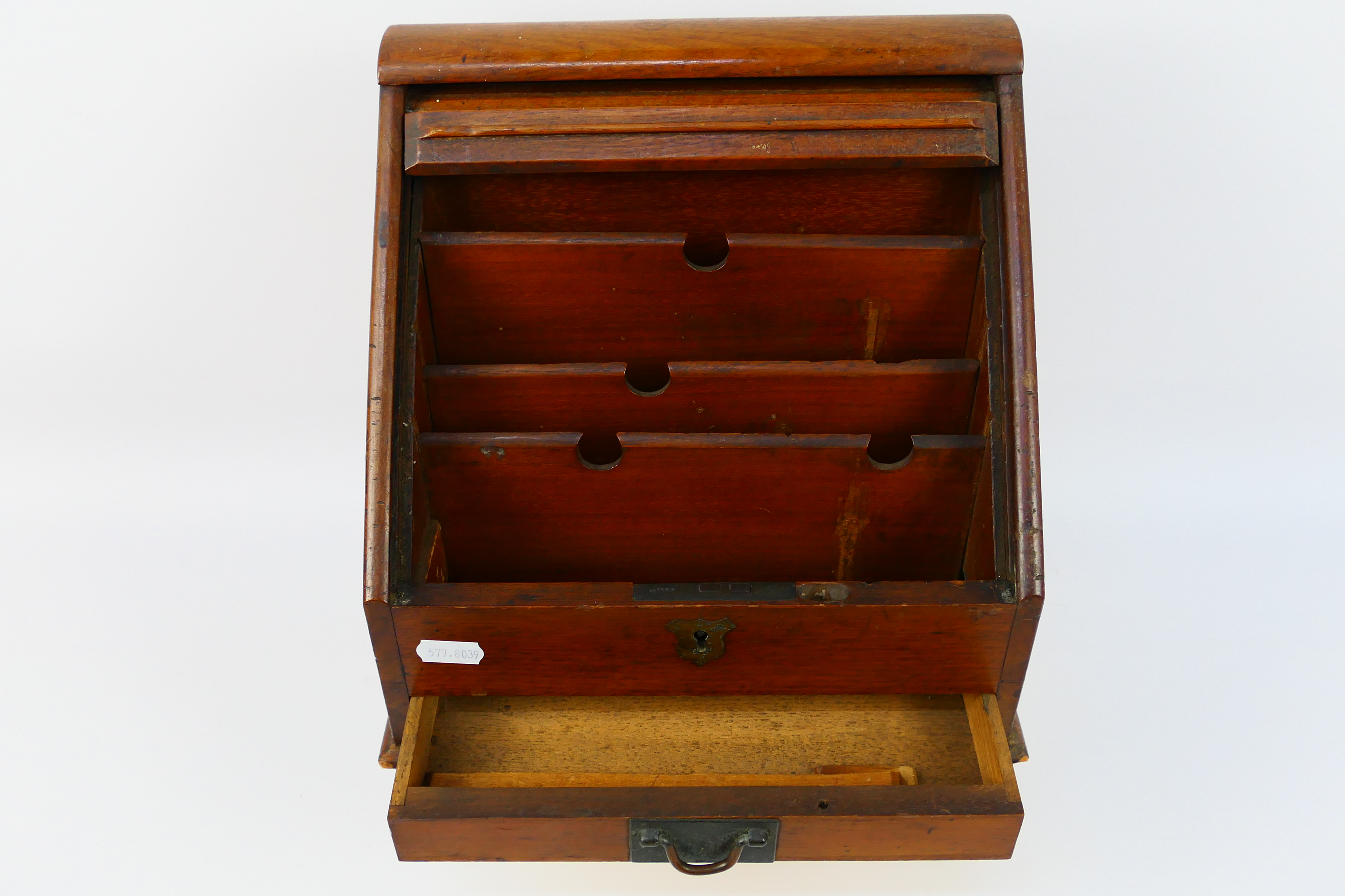 A vintage slope front desk organiser, tambour opening enclosing a fitted interior, - Image 3 of 3