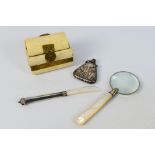 Lot to include a magnifying glass with mother of pearl handle, bone trinket box,