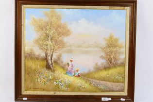 An oil on canvas landscape scene depicting two young girls by a lakeside, signed lower left, framed,