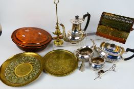 Lot to include an antique plated tea service, Asian brassware, white metal candle snuffer and other.