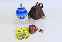 Small group of collectables to include a Persian minakari pot and cover, 14 cm (h),