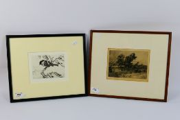 Two framed etchings comprising a landscape scene, signed in pencil by the artist and an avian study,