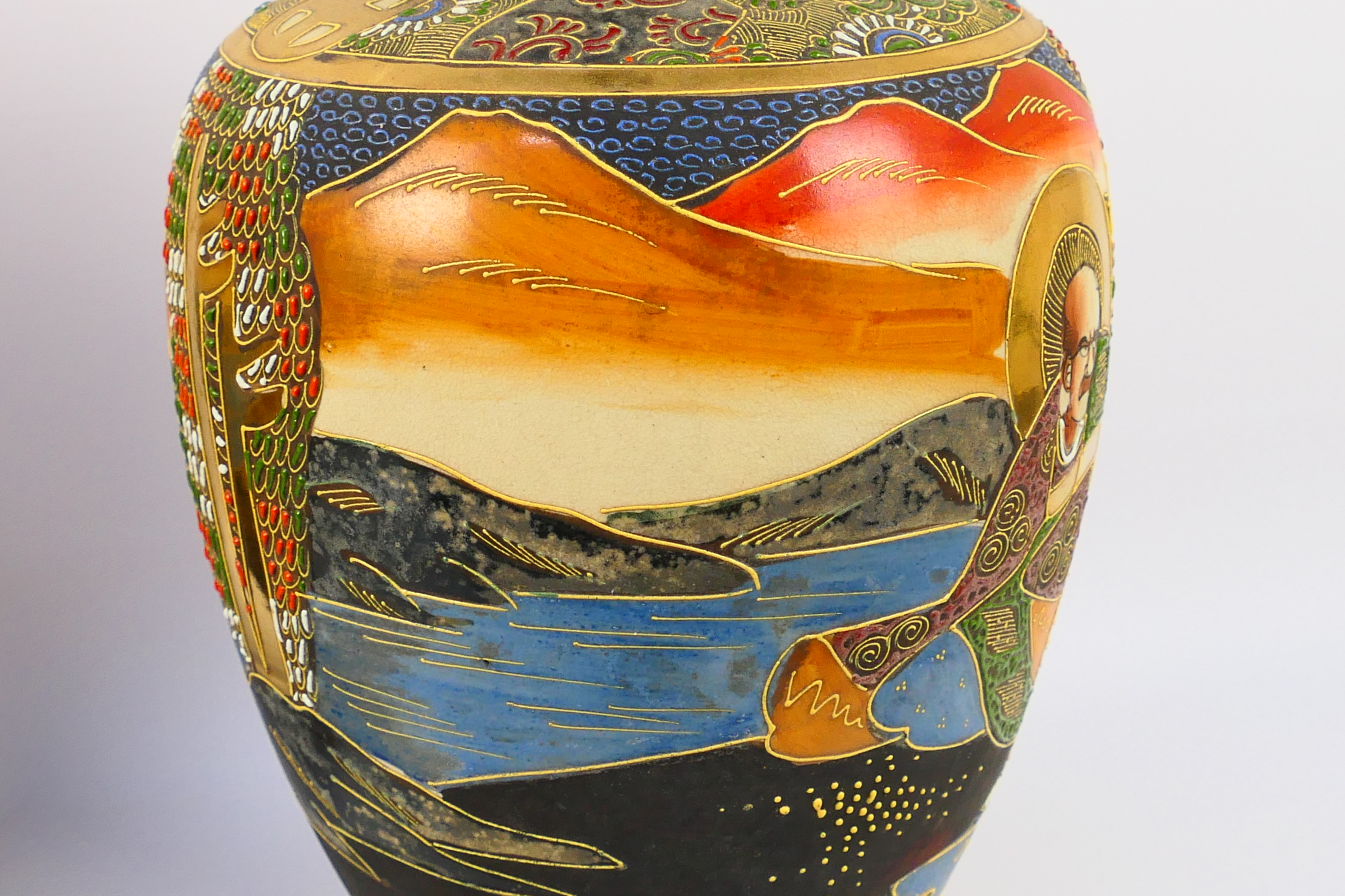 A large pair of Satsuma vases of inverted baluster form, decorated with figures and landscape, - Image 9 of 16