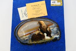 David R Fish - A slice of polished Brazilian agate with painting of Golden Eagles by renowned