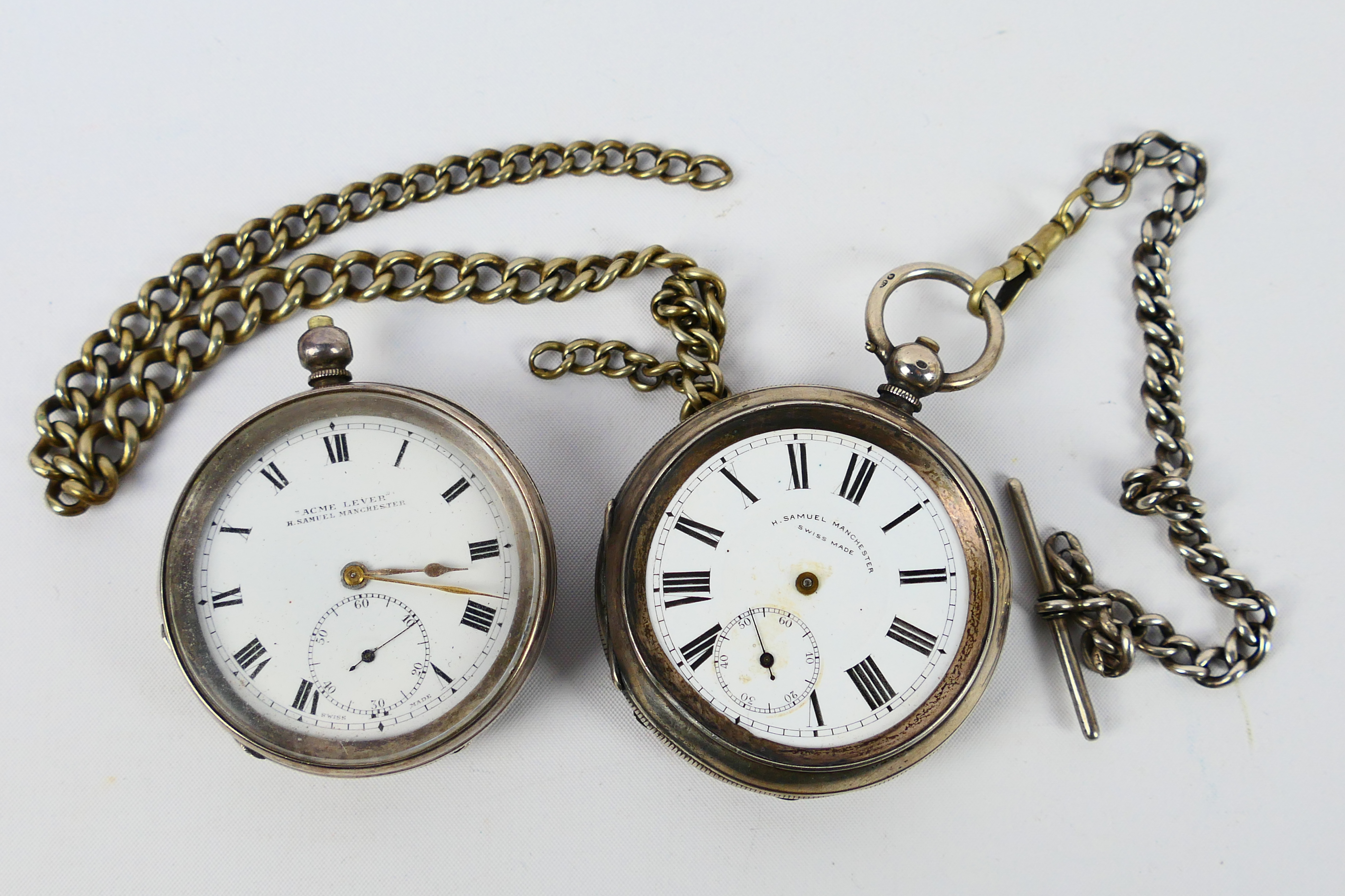 Two silver cased open face pocket watches, both signed H Samuel Manchester to the dial,