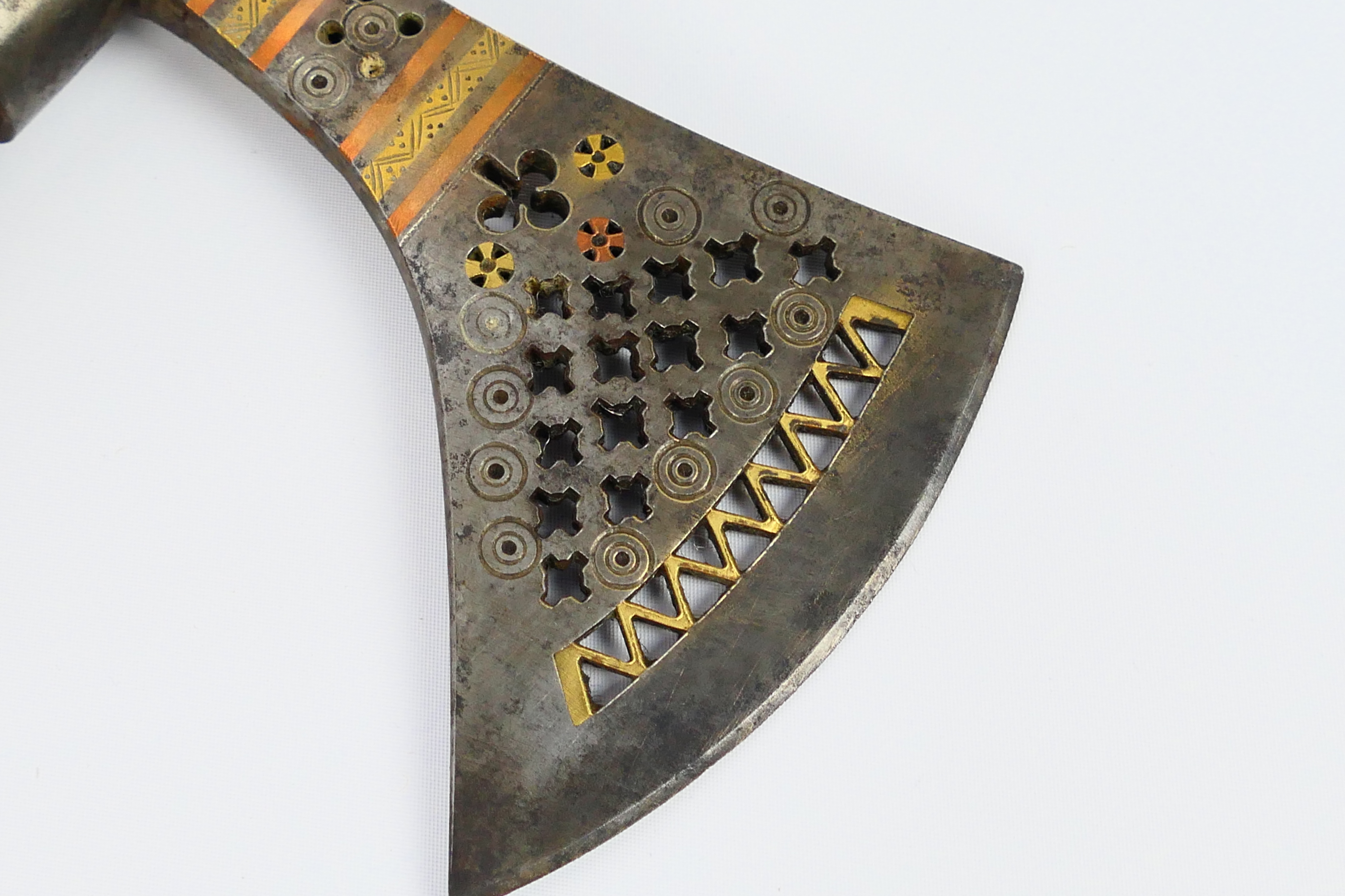 A North Indian axe (Tabarzin) with pierced wedge shaped head on brass mounted wooden haft, - Image 3 of 9