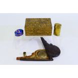 Lot to include a cased set of opium scales, gilt metal box and enamel pill box.