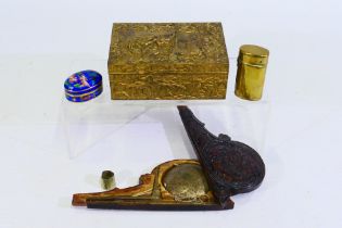 Lot to include a cased set of opium scales, gilt metal box and enamel pill box.