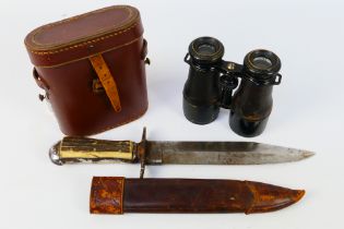 Lot to include a bowie type knife with antler scale grip and 21 cm (l) blade and a cased set of