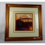 A decoratively framed abstract print, mounted and framed under glass,