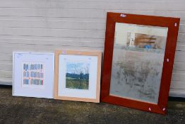 A wood framed wall mirror (68 cm x 93 cm) and two pencil signed prints,