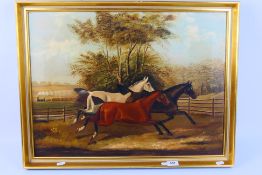 A 19th century oil on canvas, depicting three galloping horses with a steam train in the distance,