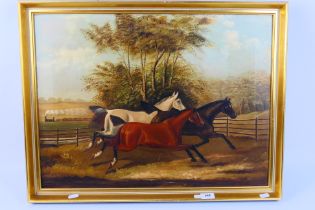 A 19th century oil on canvas, depicting three galloping horses with a steam train in the distance,