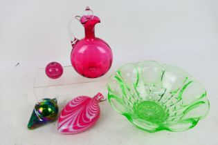 Lot to include a uranium glass bowl, Nailsea bottle, cranberry glass ewer and similar.