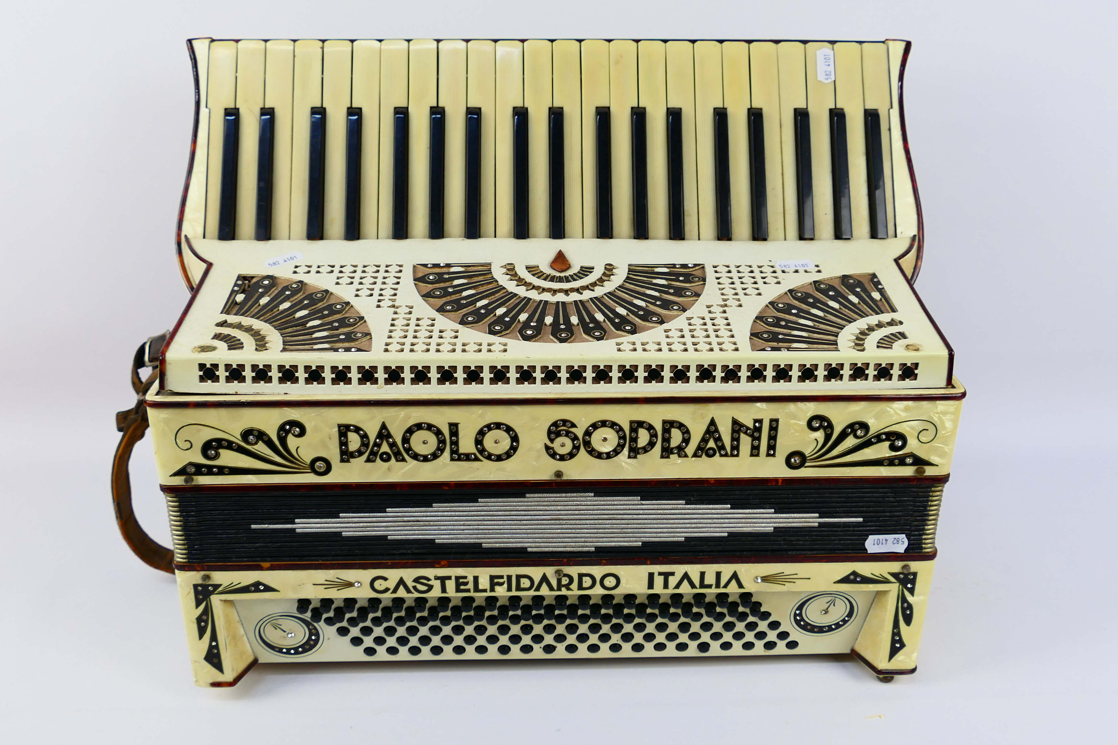 A vintage piano accordion marked Paolo Soprani Castelfidario Italia, 41 key and 120 basses,