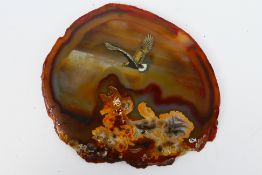 David R Fish - A slice of polished Brazilian agate with painting of a Golden Eagle in flight by