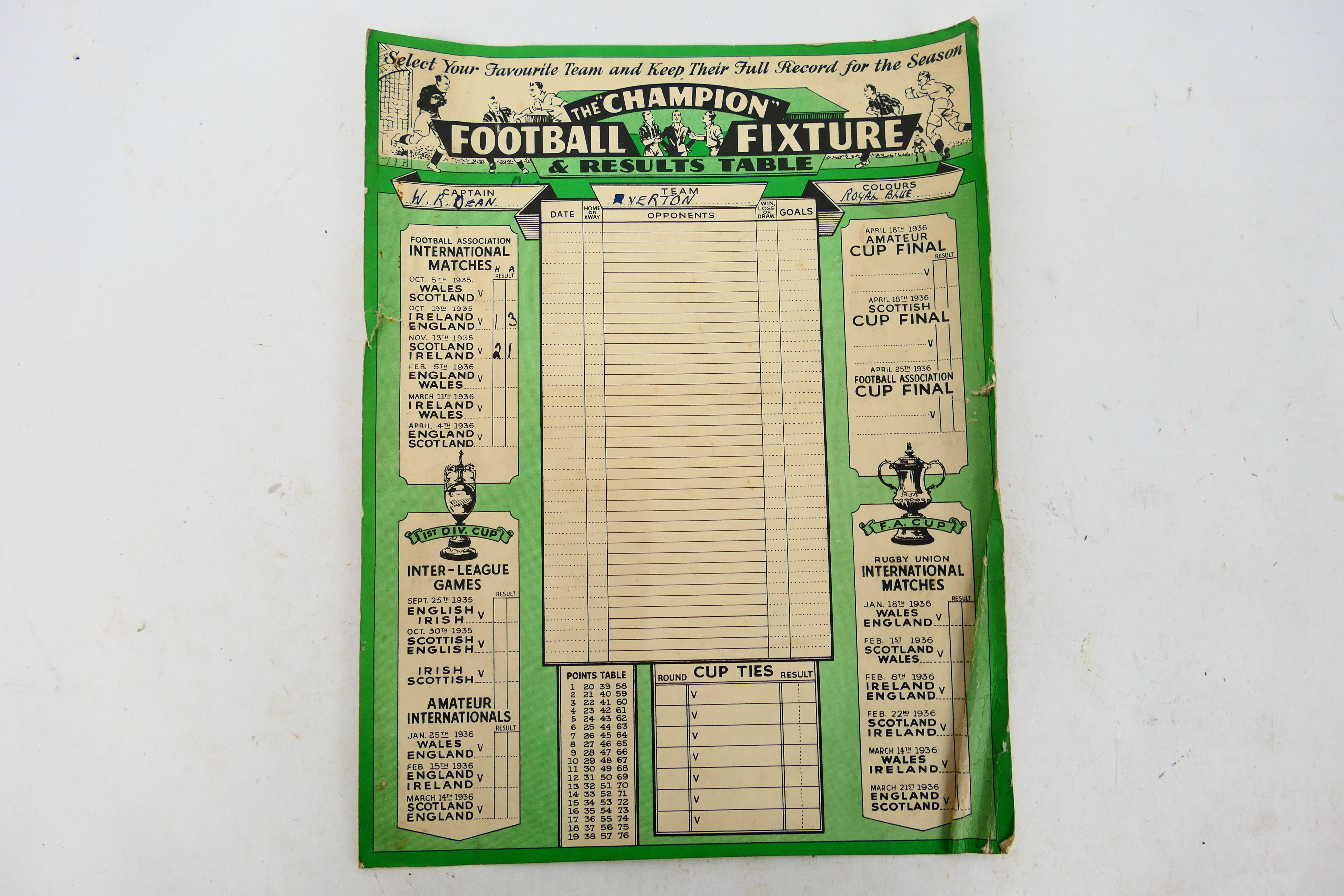 Football Fixture Card, The Champion Foot