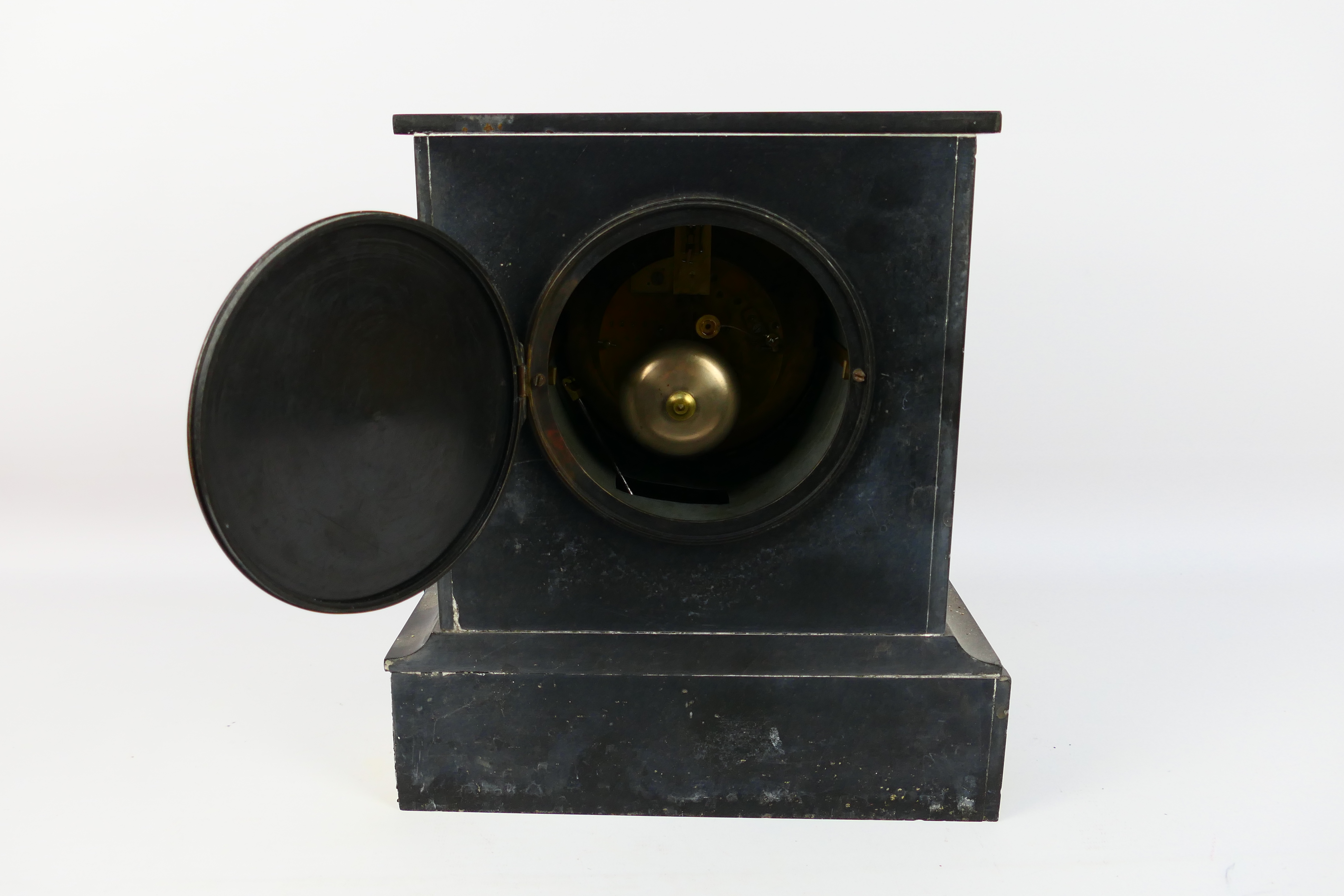 A Victorian black slate and red marble mantel clock, Roman numerals to a white chapter ring, - Image 4 of 8