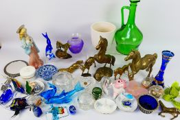 Glassware to include Murano style, brass horse figures, white metal napkin ring stamped Silver,