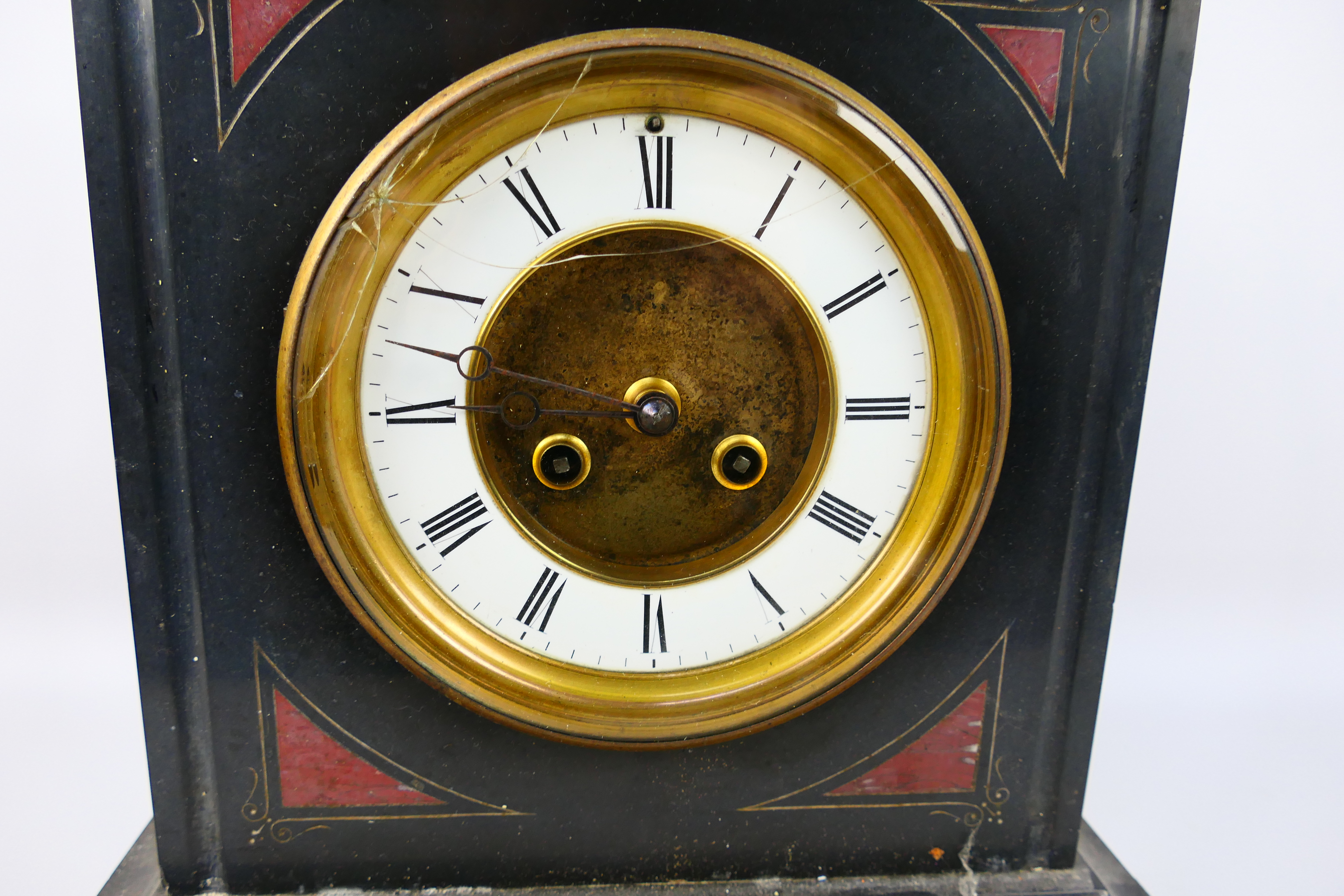A Victorian black slate and red marble mantel clock, Roman numerals to a white chapter ring, - Image 7 of 8