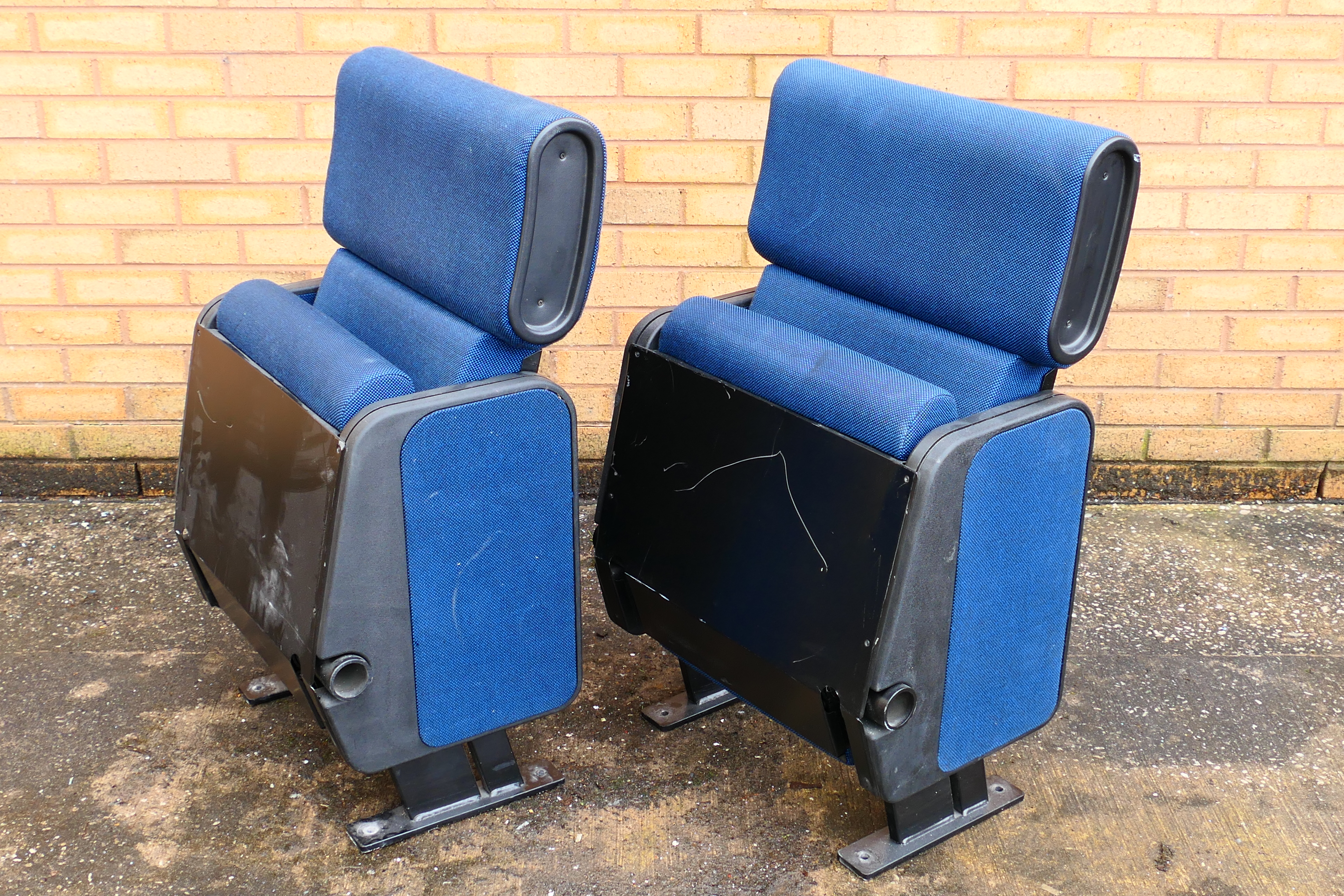 Cinema Chairs - A pair of retro folding cinema chairs. Chairs have blue fabric and metal legs. - Image 2 of 5