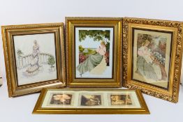 Three ornately framed needlework pictures of elegant ladies,