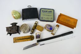 Lot to include hip flask, Acme City Whistle, smoker's tool, thermometer and similar.