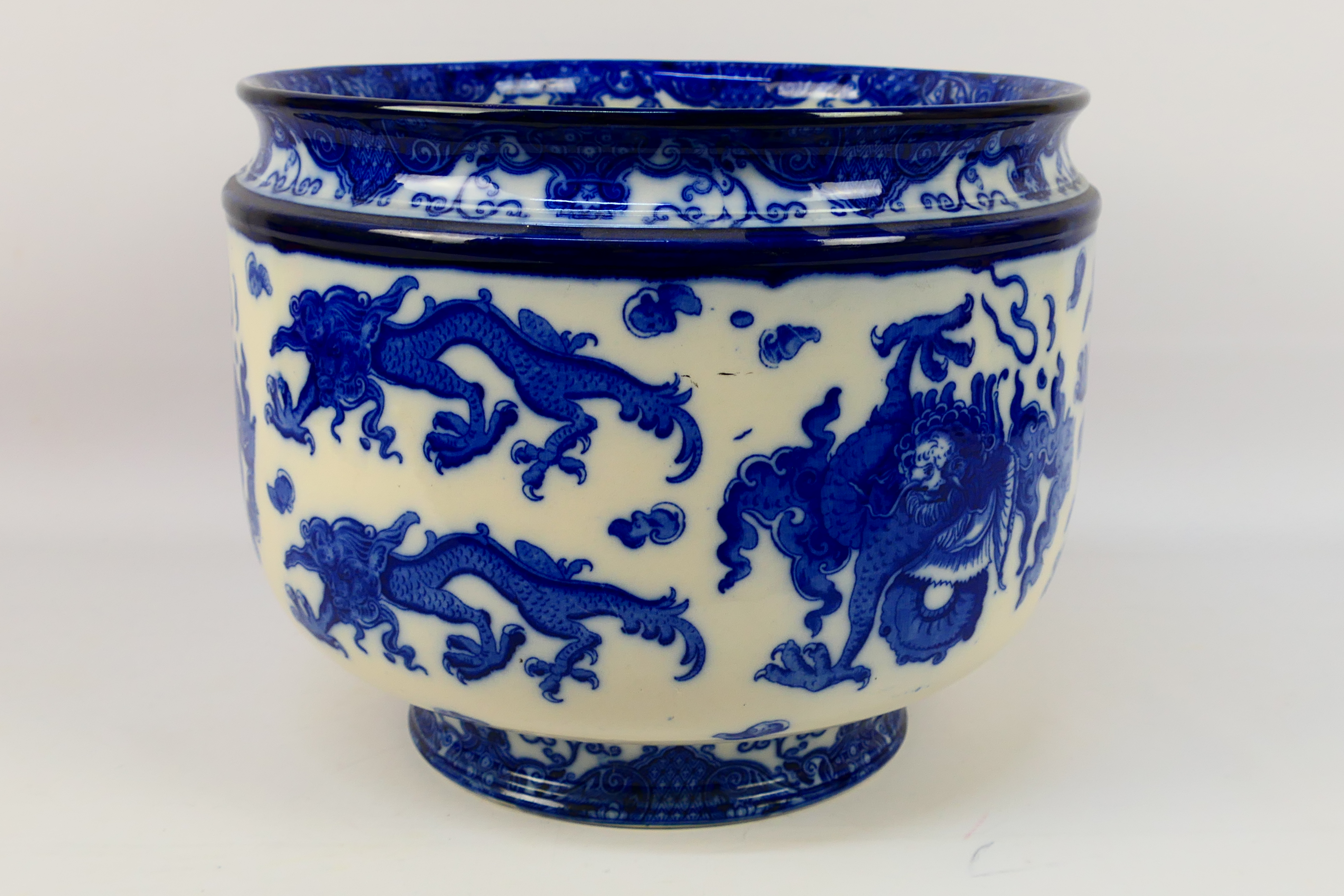 Royal Doulton - A large blue and white Chinoiserie jardiniere decorated in the Oyama pattern, - Image 3 of 9