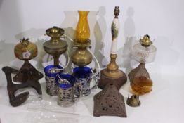 Lot to include various oil lamp parts, a shoe last and other.